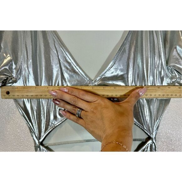 NWOT WeWoreWhat Metallic Silver Asymmetric Cutout Midi Dress Women's Small - Picture 11 of 12